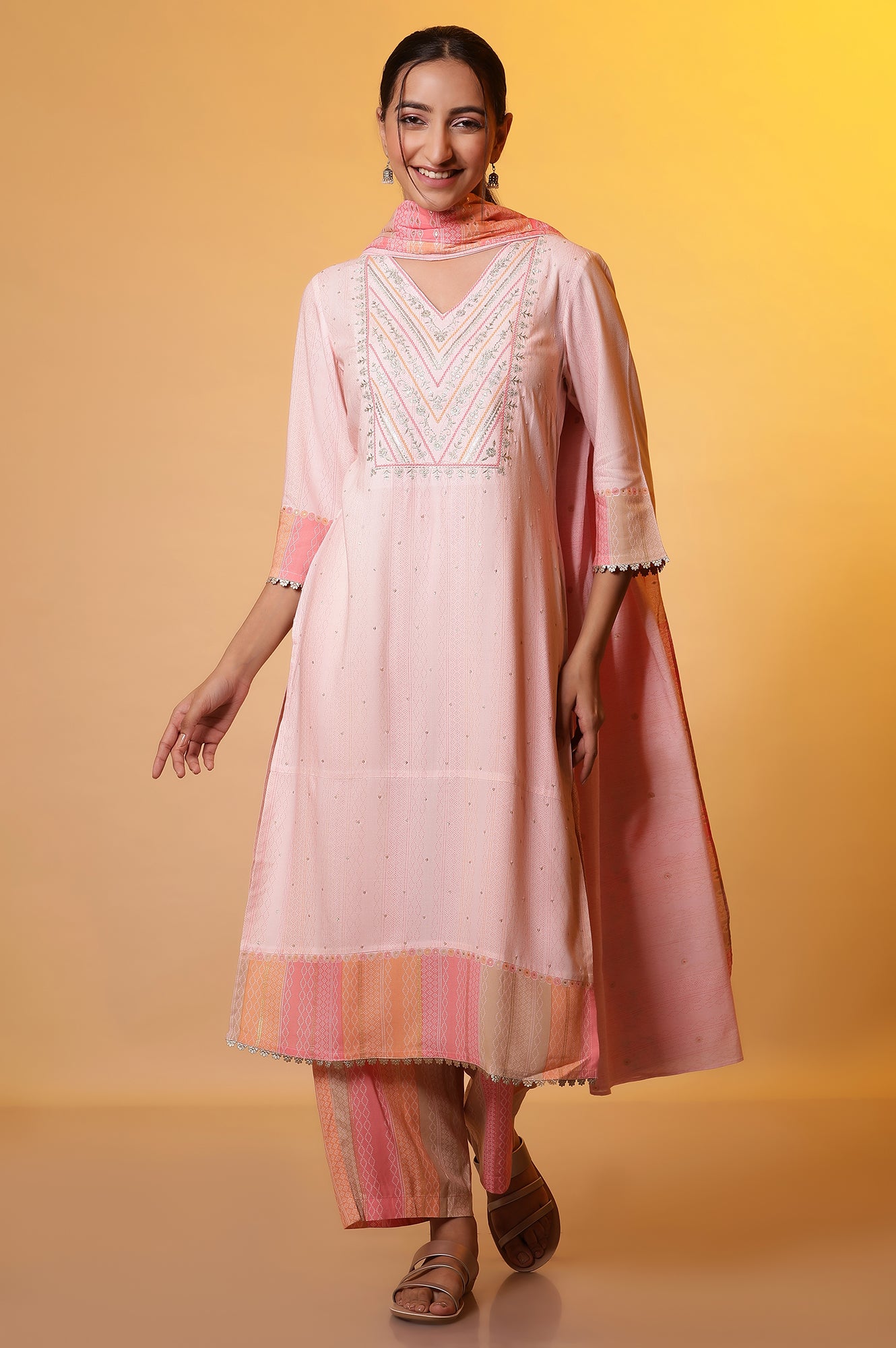 Pastel Pink Embroidered Kurta, Palazzo Pants and Dupatta Set