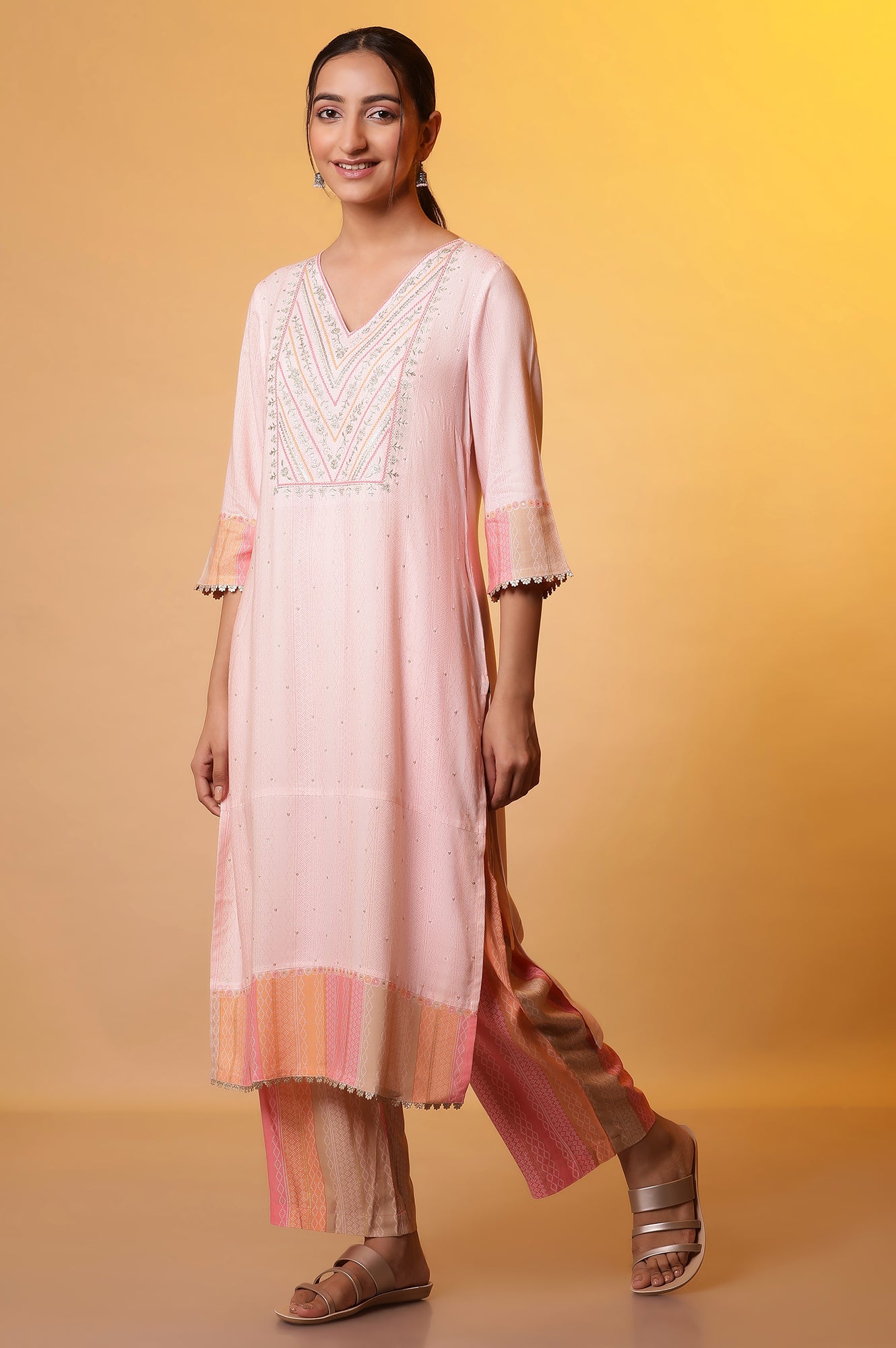 Pastel Pink Embroidered Kurta, Palazzo Pants and Dupatta Set