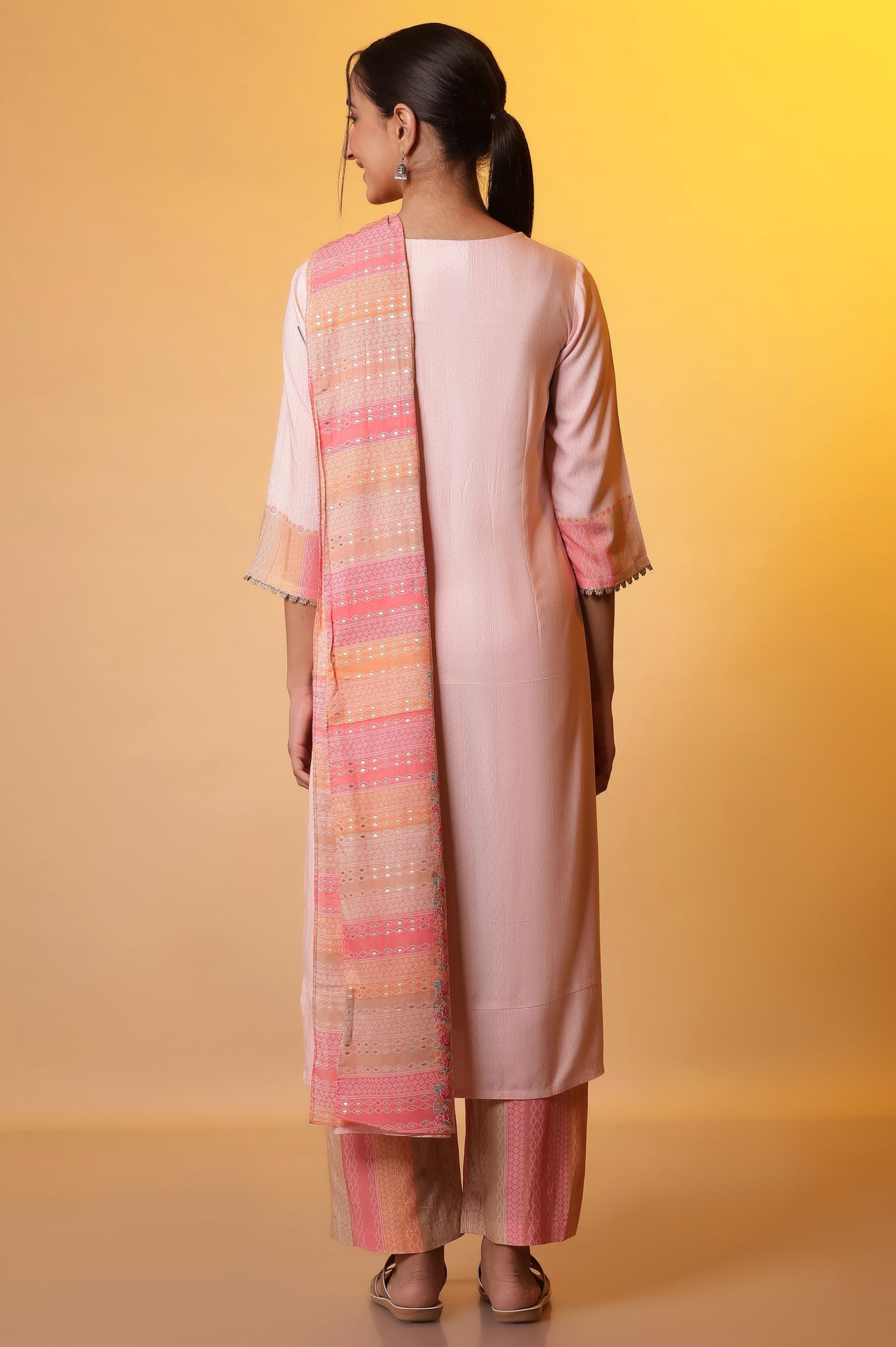 Pastel Pink Embroidered Kurta, Palazzo Pants and Dupatta Set