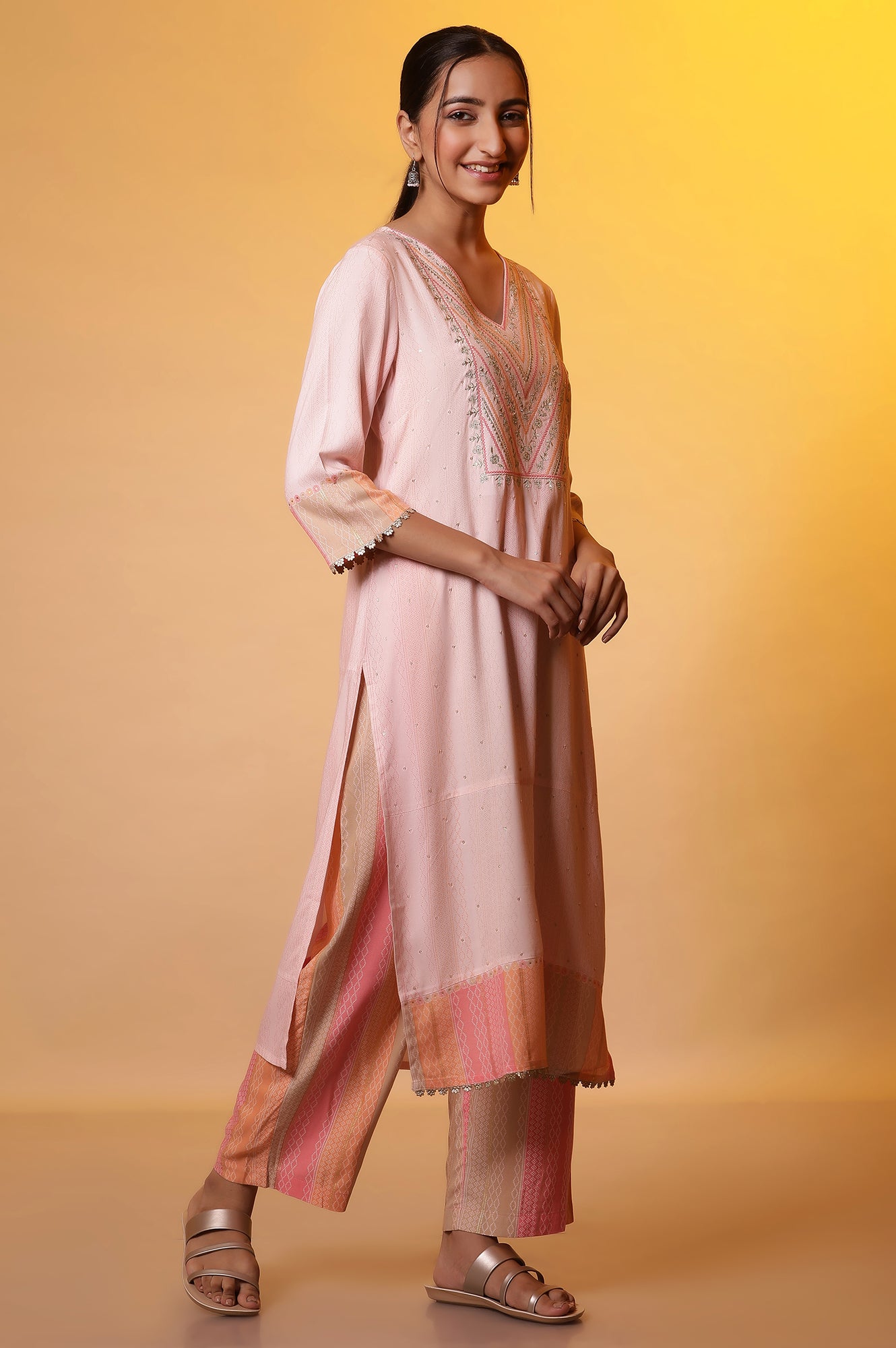 Pastel Pink Embroidered Kurta, Palazzo Pants and Dupatta Set