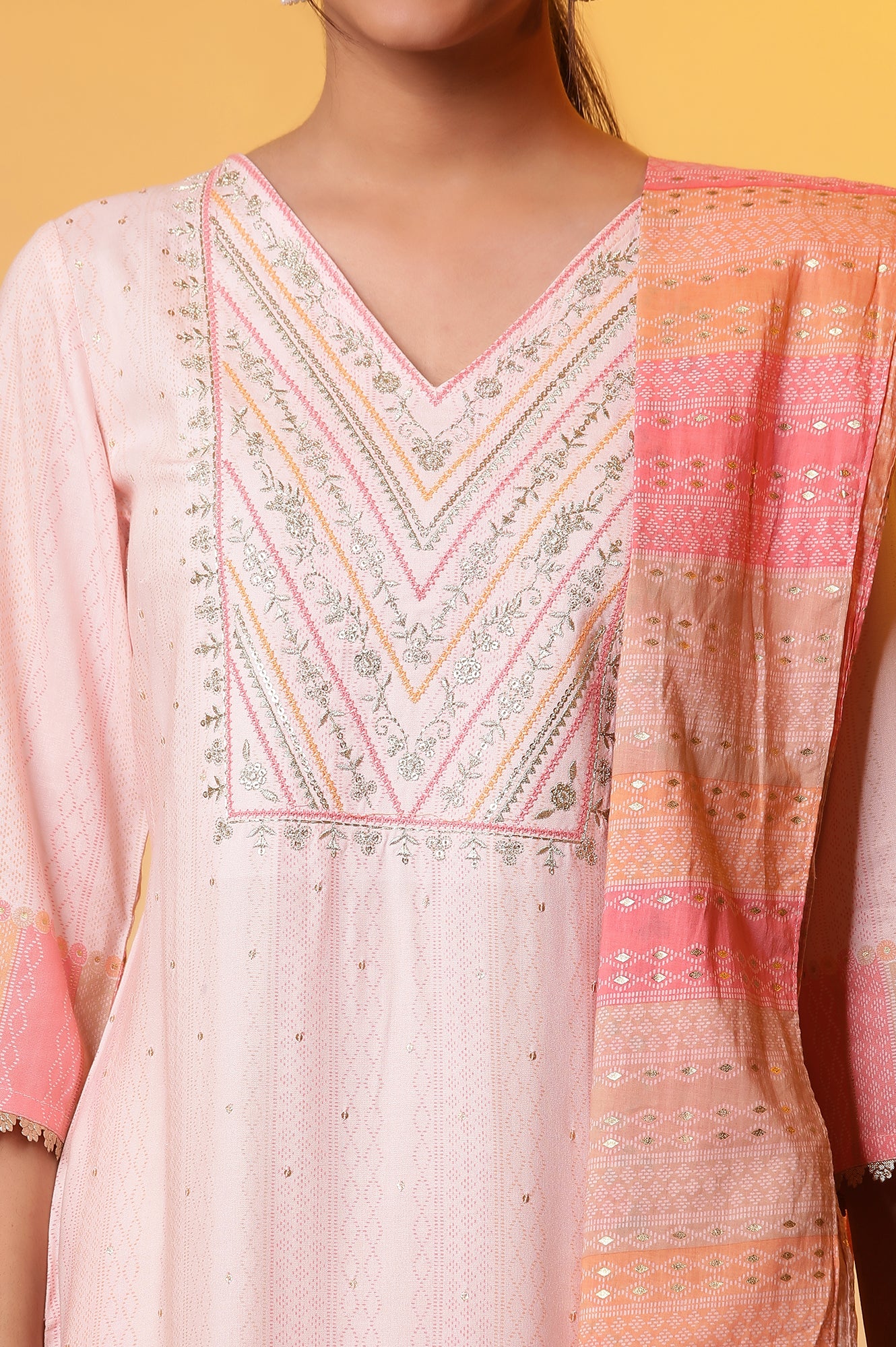 Pastel Pink Embroidered Kurta, Palazzo Pants and Dupatta Set