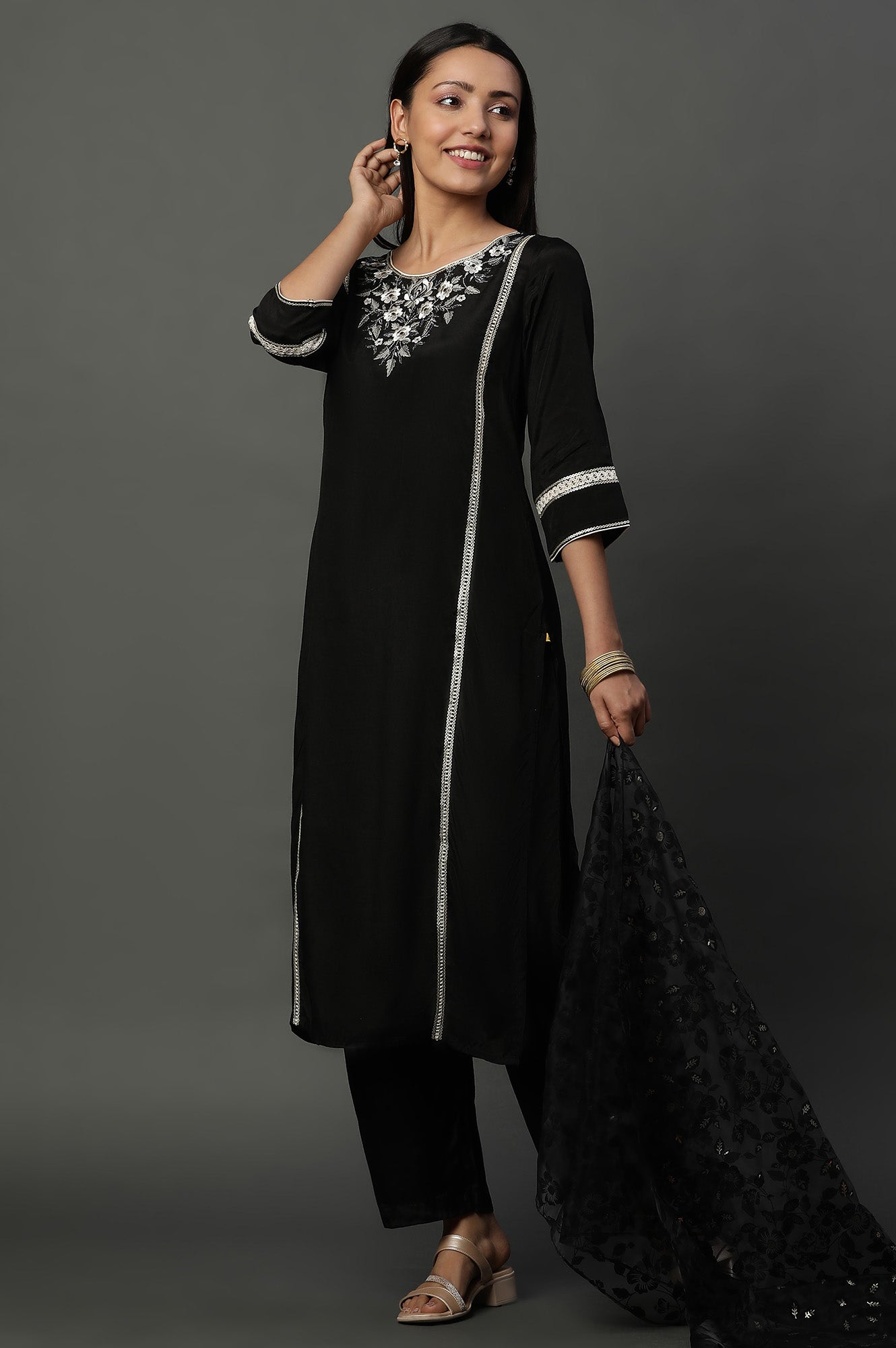 Black Thread Embroidered Kurta and Palazzo Set