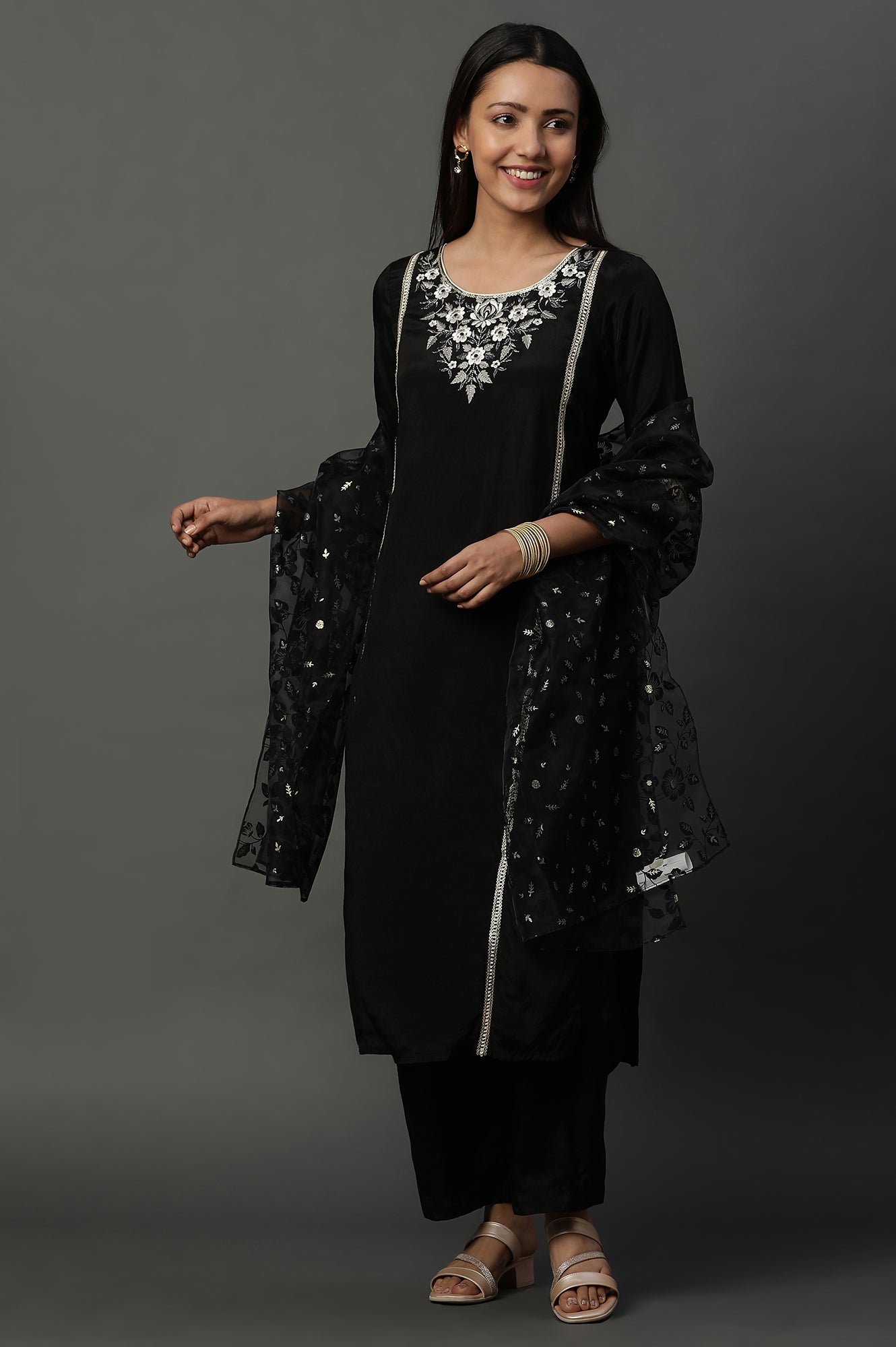 Black Thread Embroidered Kurta and Palazzo Set