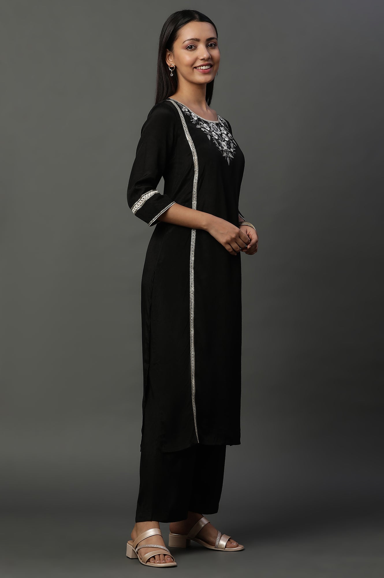 Black Thread Embroidered Kurta and Palazzo Set