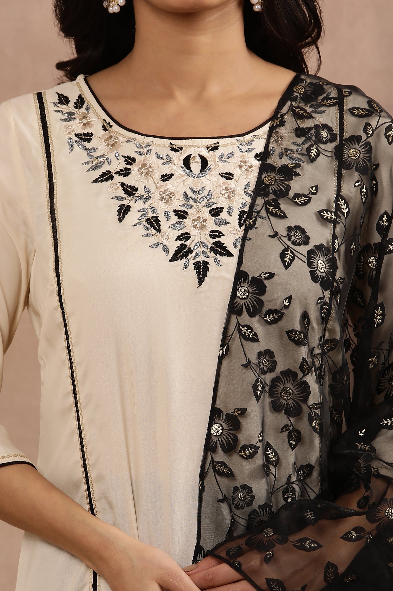 Beige Thread Embroidered Kurta and Palazzo Set