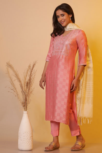 Pink Mirror Work Kurta, Palazzo and Dupatta Set