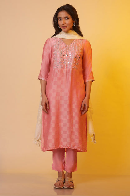 Pink Mirror Work Kurta, Palazzo and Dupatta Set