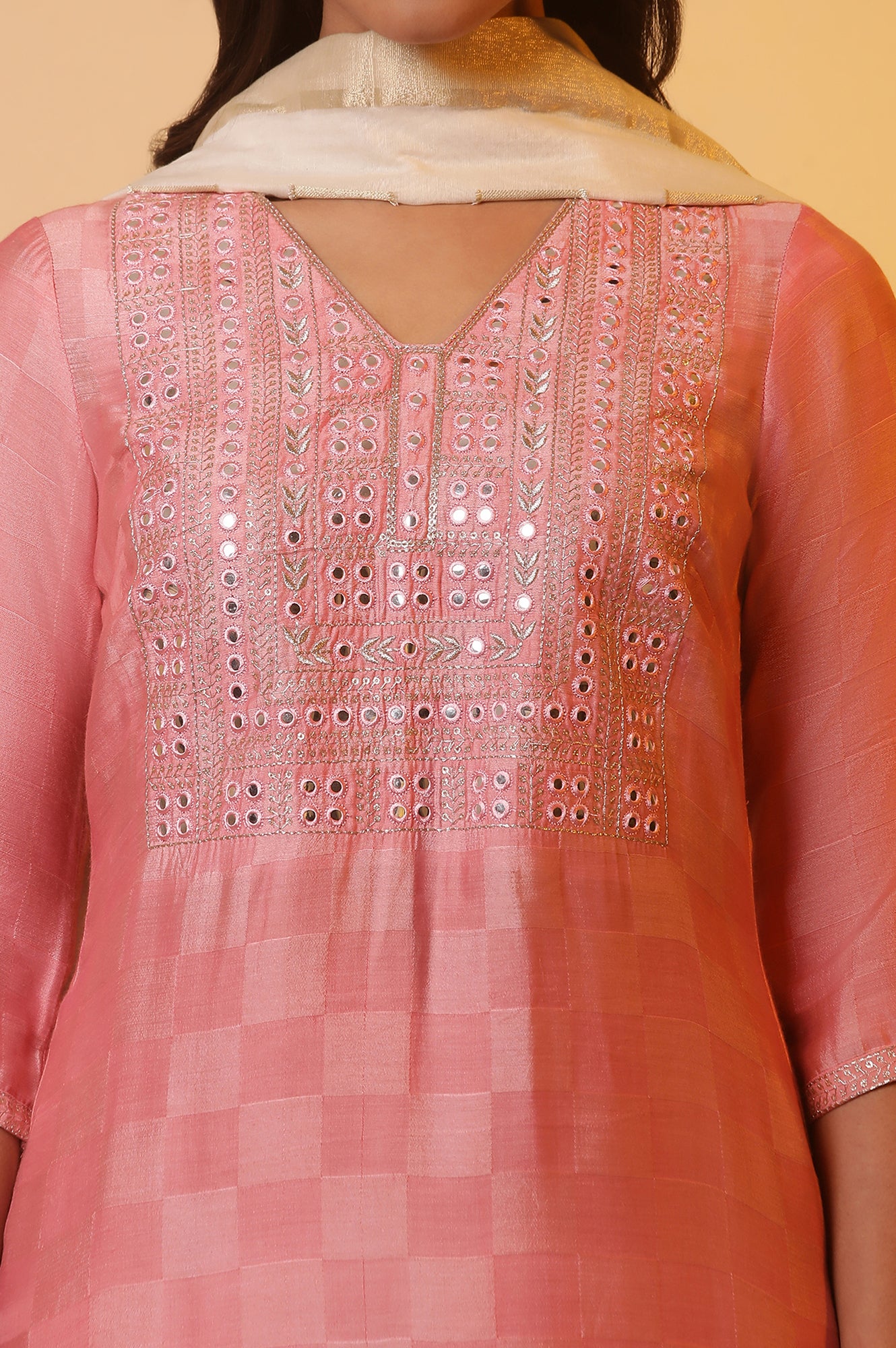 Pink Mirror Work Kurta, Palazzo and Dupatta Set