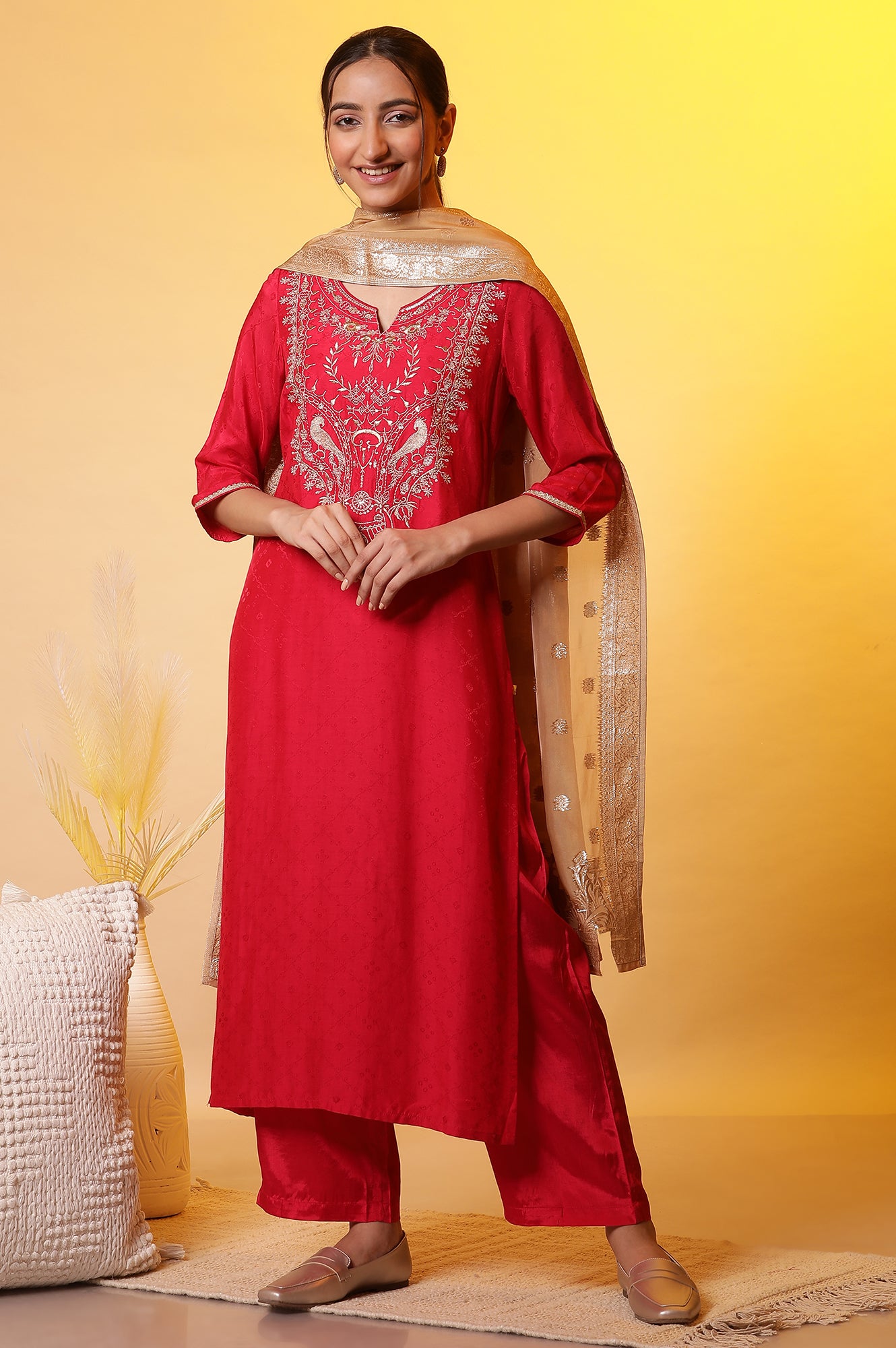 Red Zari Embroidered Kurta, Palazzo and Dupatta Set