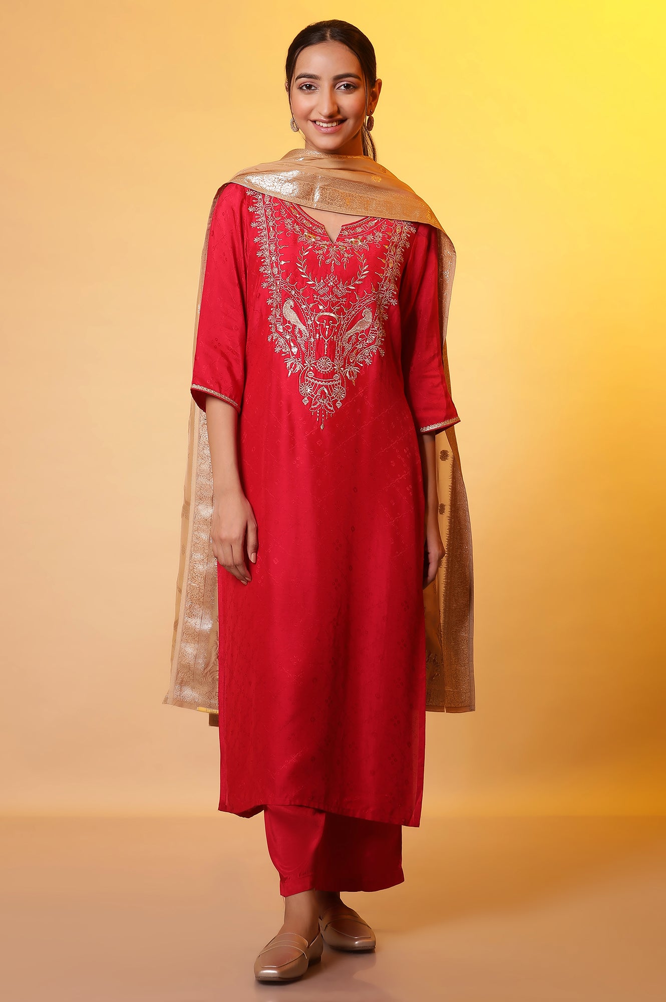 Red Zari Embroidered Kurta, Palazzo and Dupatta Set