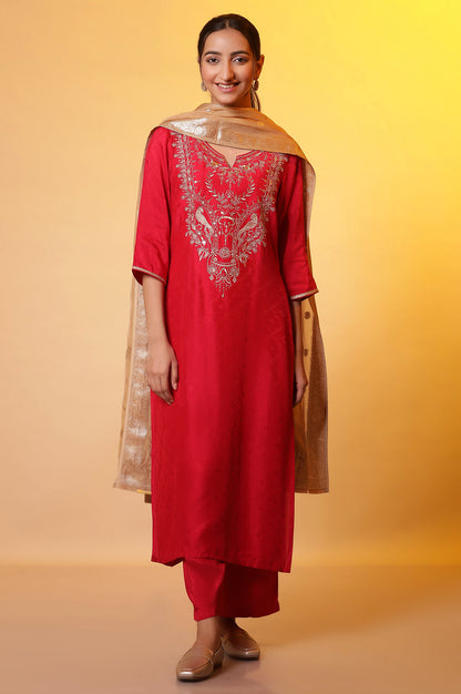 Red Zari Embroidered Kurta, Palazzo and Dupatta Set