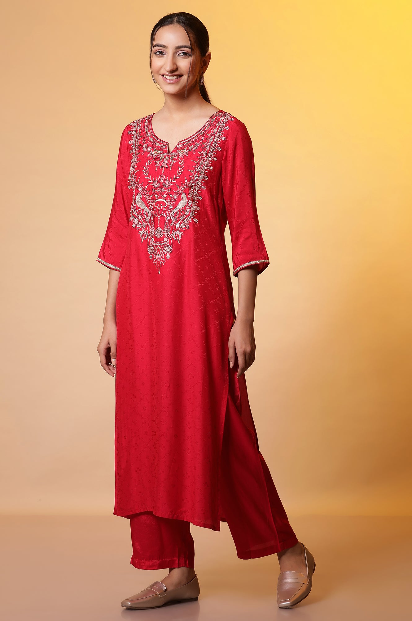 Red Zari Embroidered Kurta, Palazzo and Dupatta Set