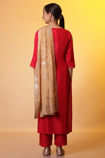 Red Zari Embroidered Kurta, Palazzo and Dupatta Set