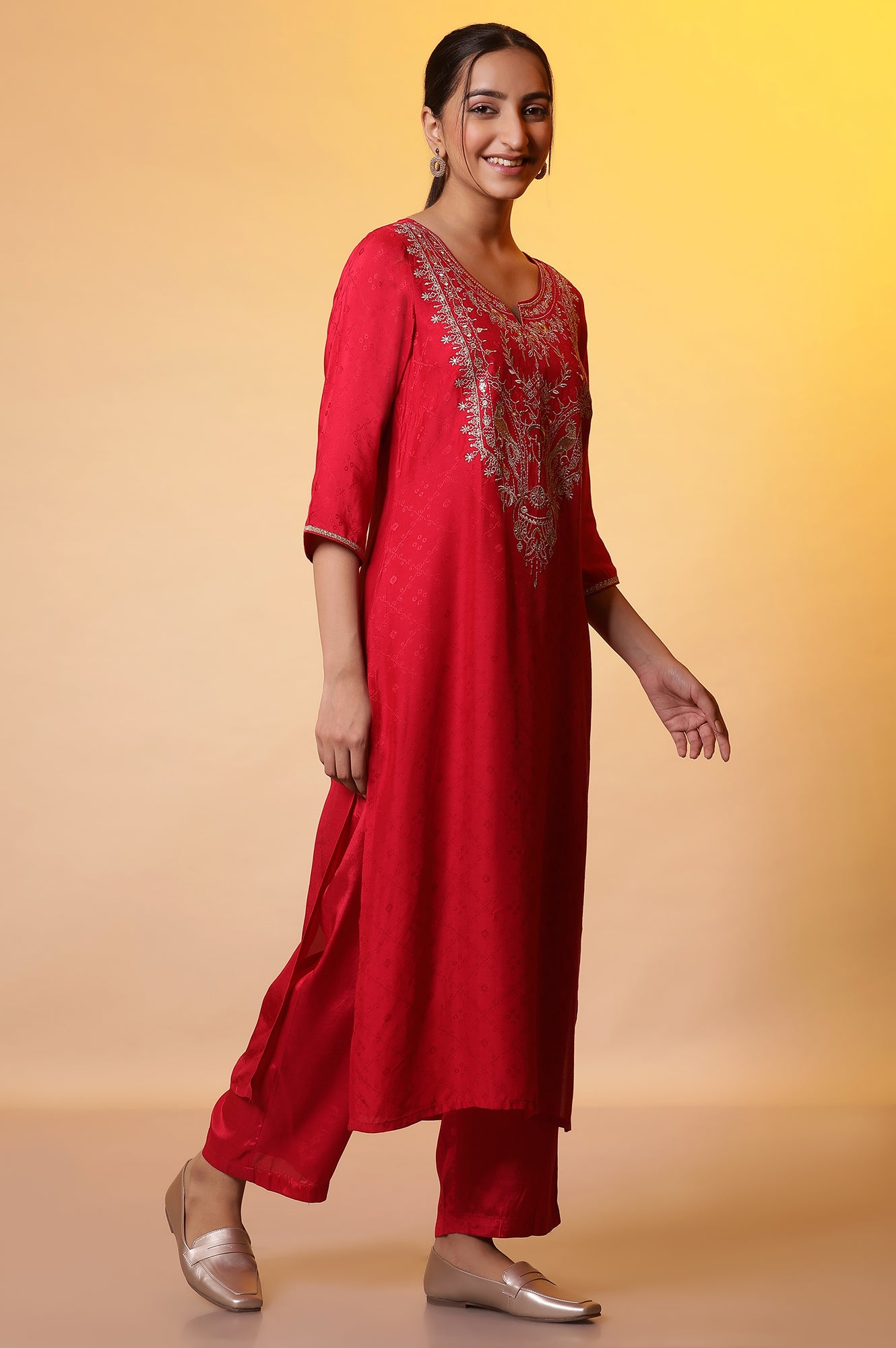 Red Zari Embroidered Kurta, Palazzo and Dupatta Set