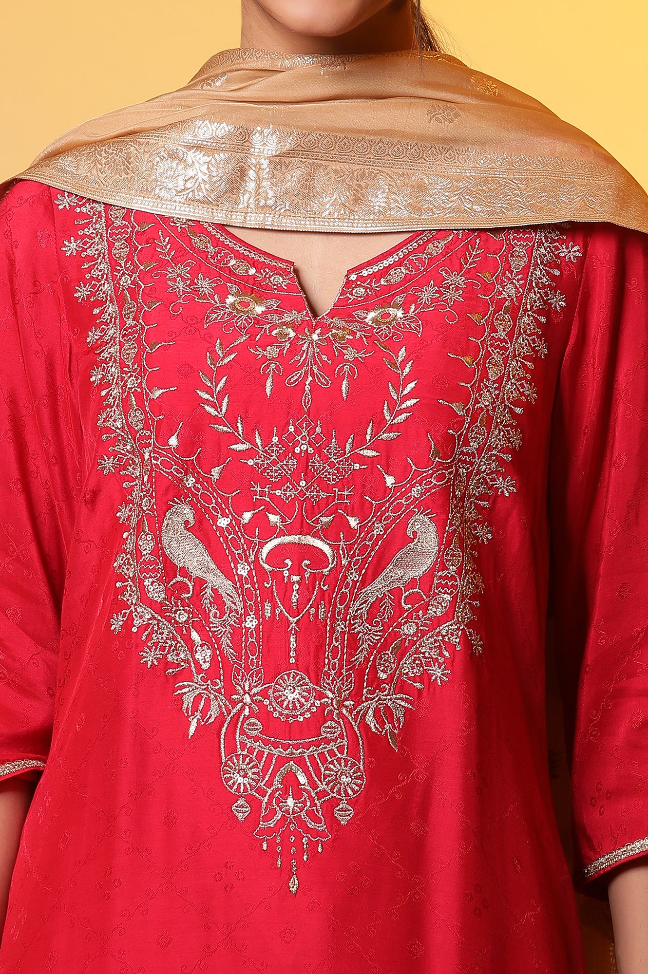 Red Zari Embroidered Kurta, Palazzo and Dupatta Set