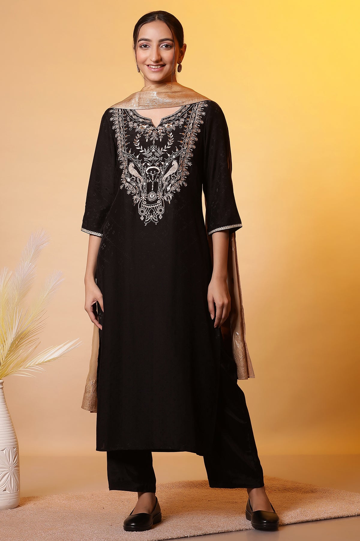 Black Zari Embroidered Kurta, Palazzo and Dupatta Set - XS