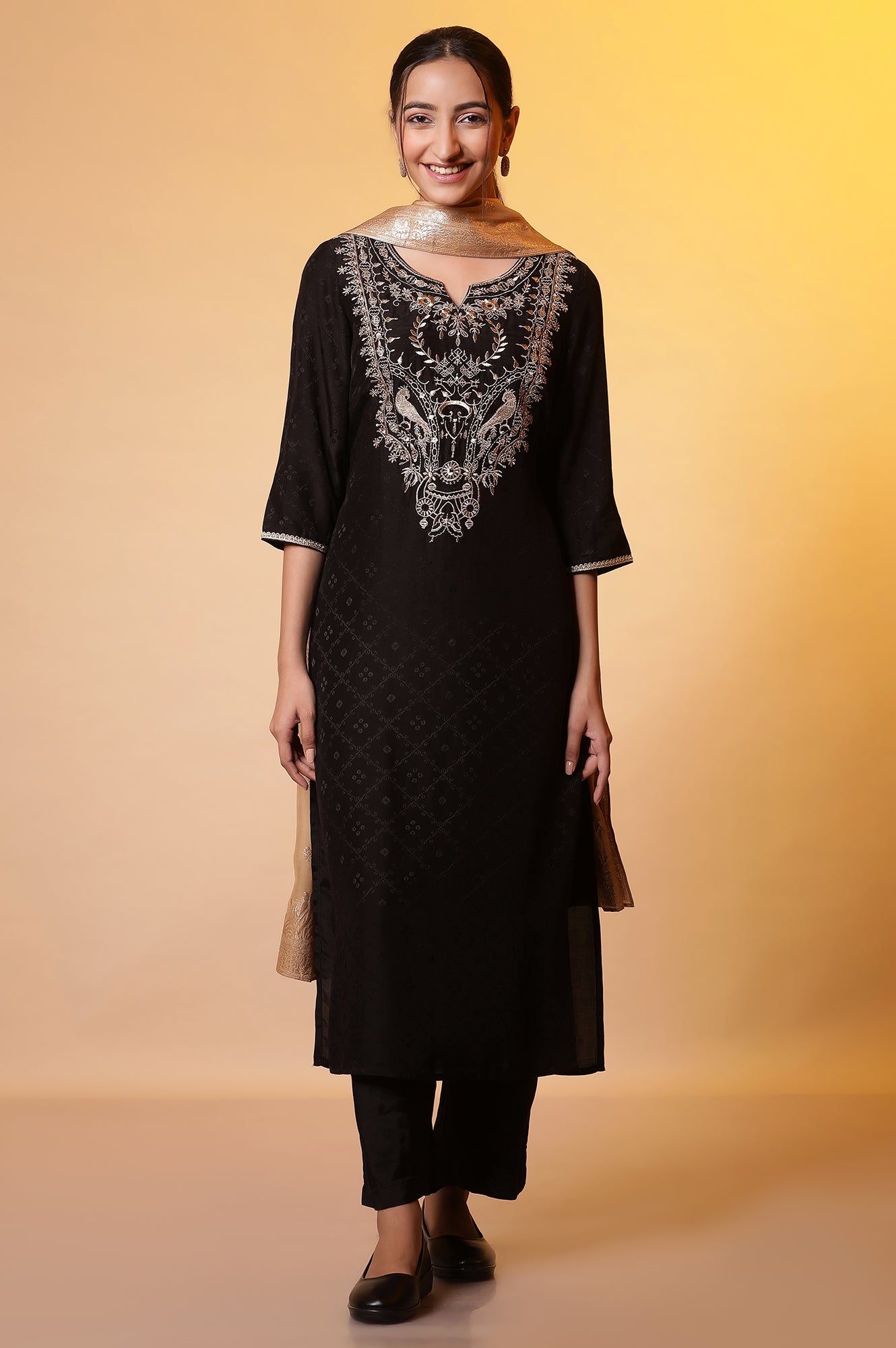 Black Zari Embroidered Kurta, Palazzo and Dupatta Set