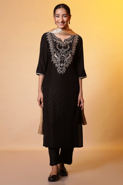 Black Zari Embroidered Kurta, Palazzo and Dupatta Set