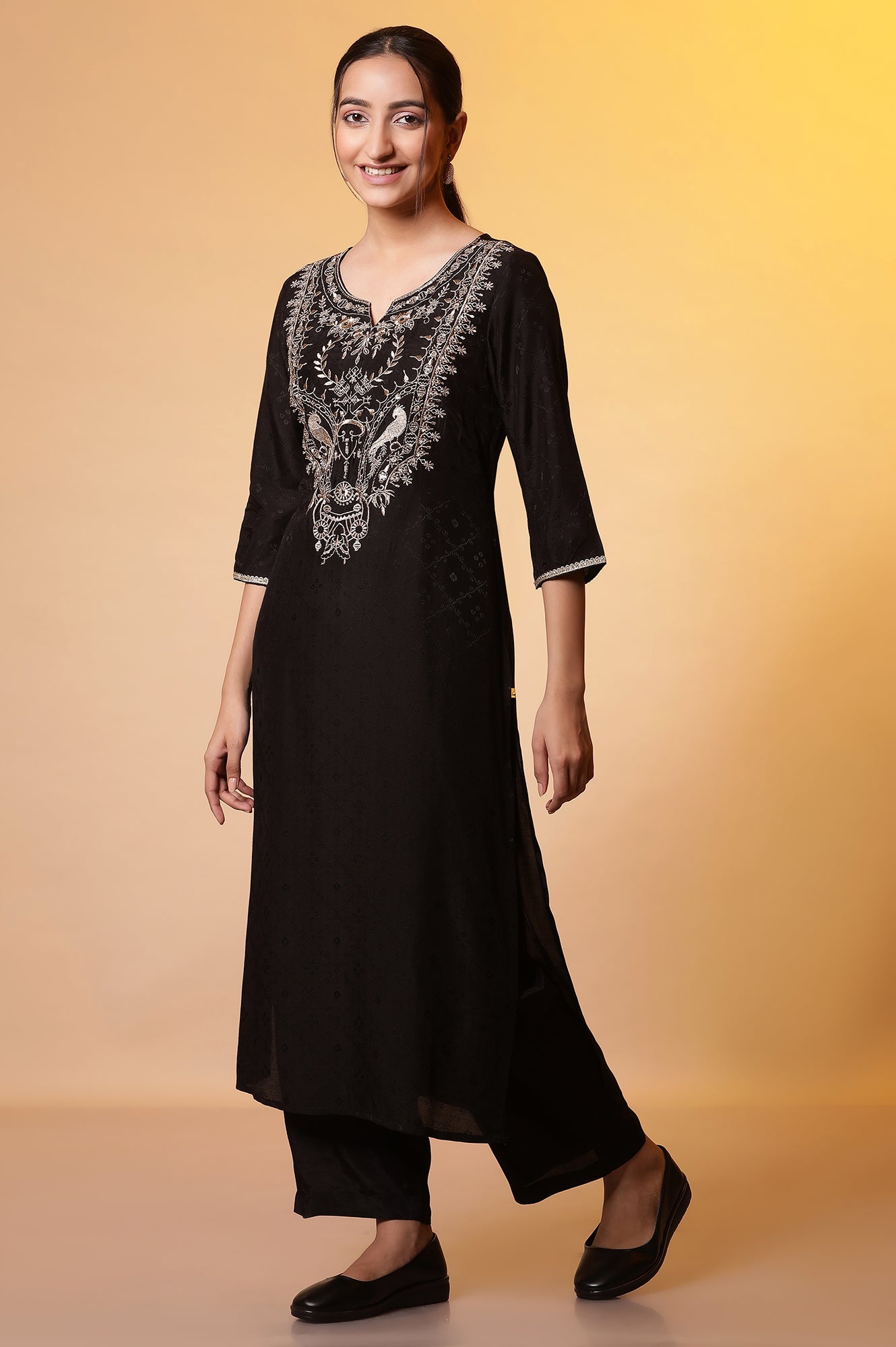 Black Zari Embroidered Kurta, Palazzo and Dupatta Set