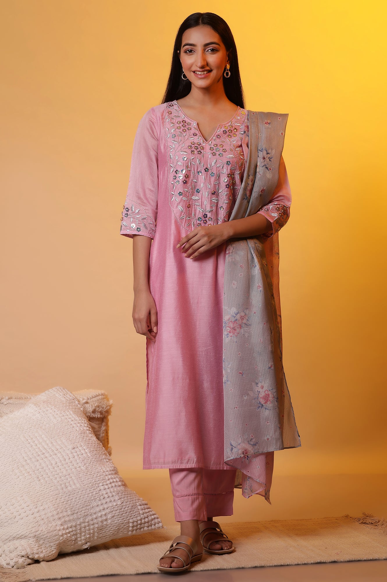 Pink Embroidered Festive kurta, Trousers and Dupatta Set