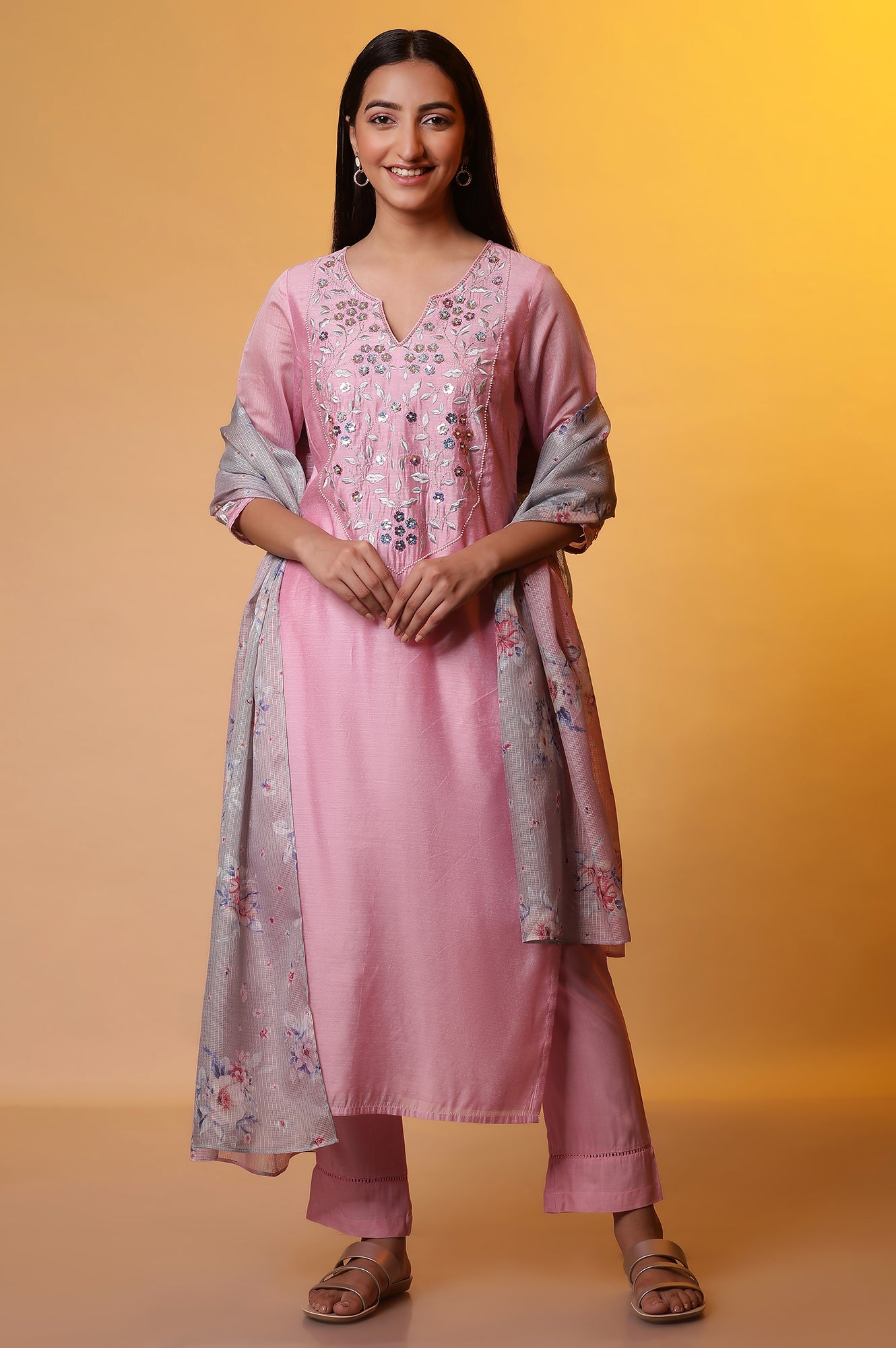 Pink Embroidered Festive kurta, Trousers and Dupatta Set