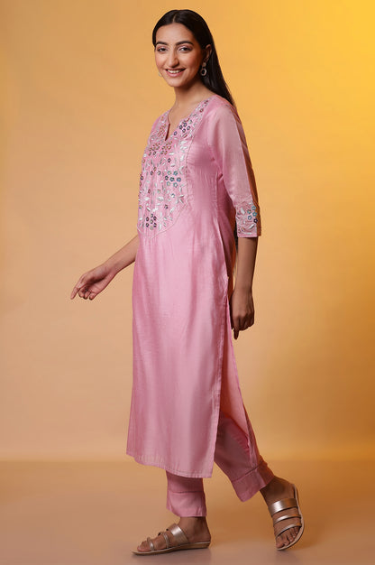 Pink Embroidered Festive kurta, Trousers and Dupatta Set