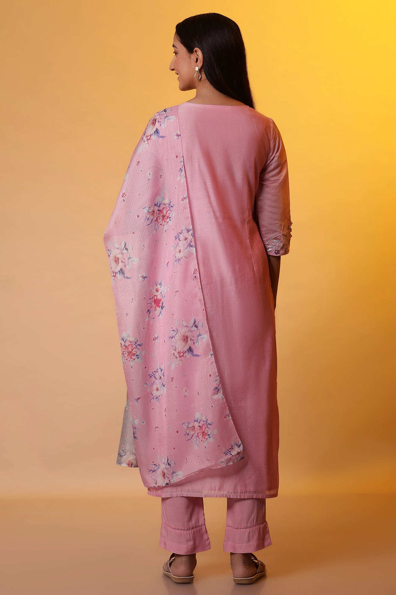 Pink Embroidered Festive kurta, Trousers and Dupatta Set