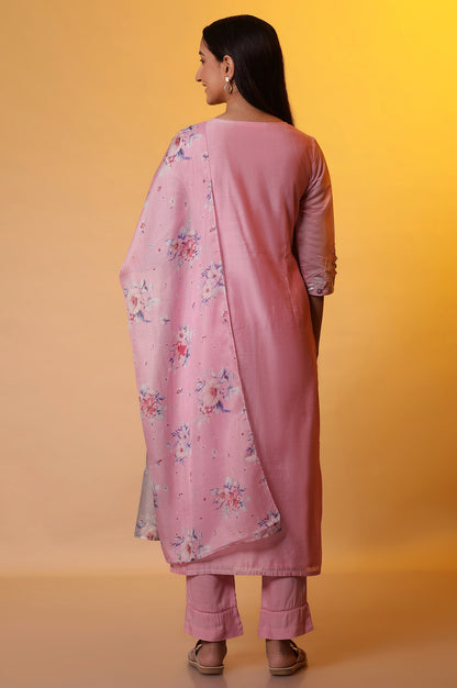 Pink Embroidered Festive kurta, Trousers and Dupatta Set