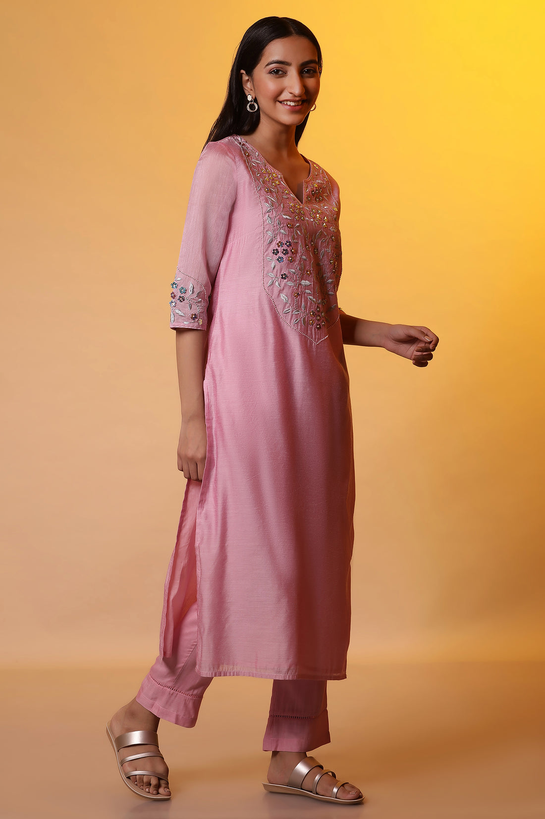 Pink Embroidered Festive kurta, Trousers and Dupatta Set