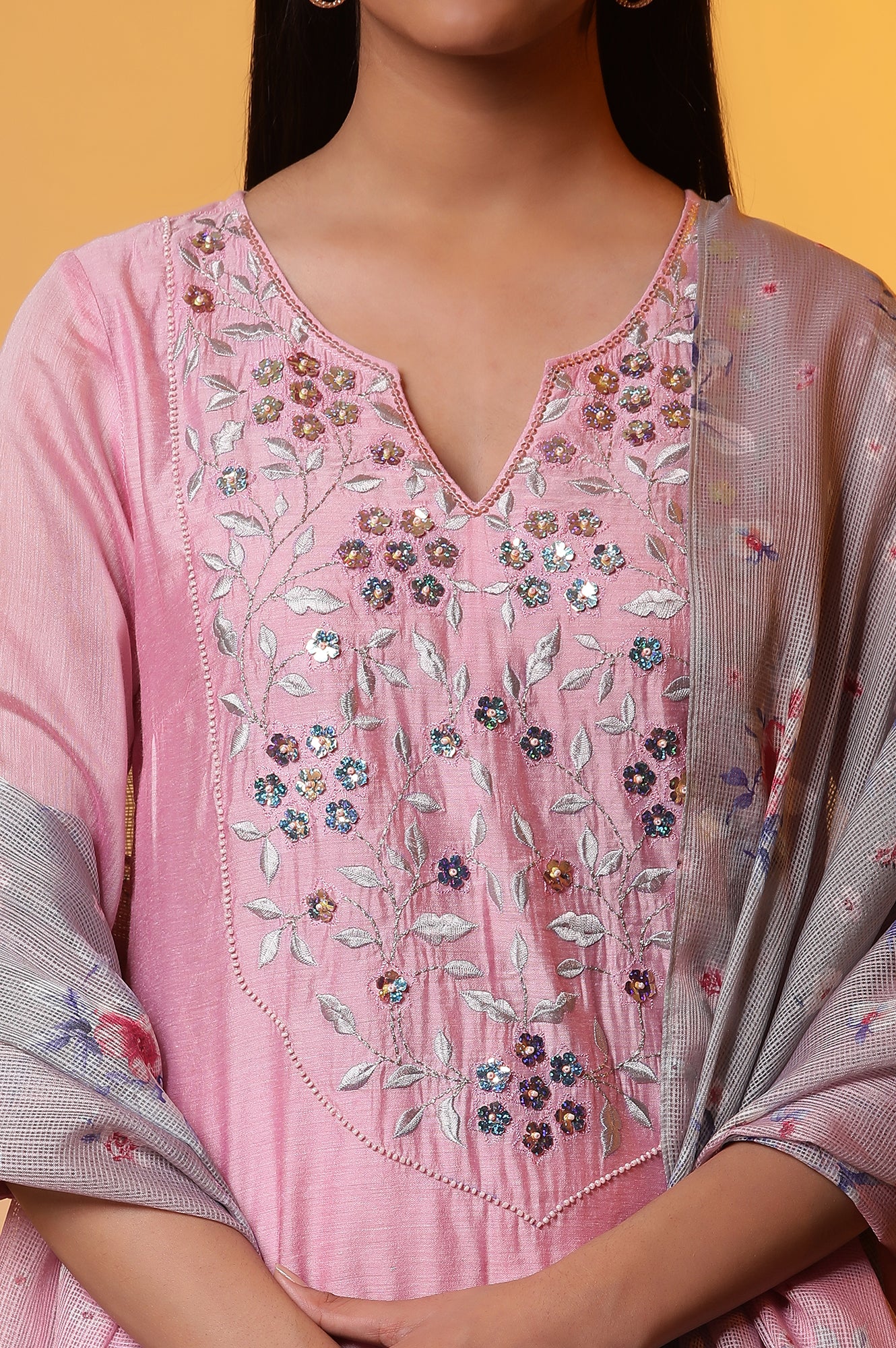 Pink Embroidered Festive kurta, Trousers and Dupatta Set