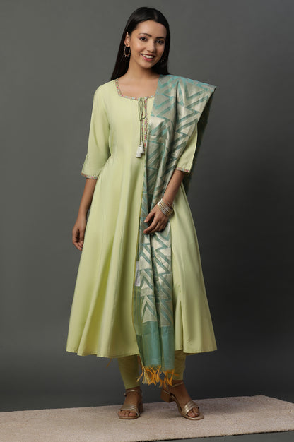 Green Flared Anarkali Kurta, Tights and Jacquard Dupatta