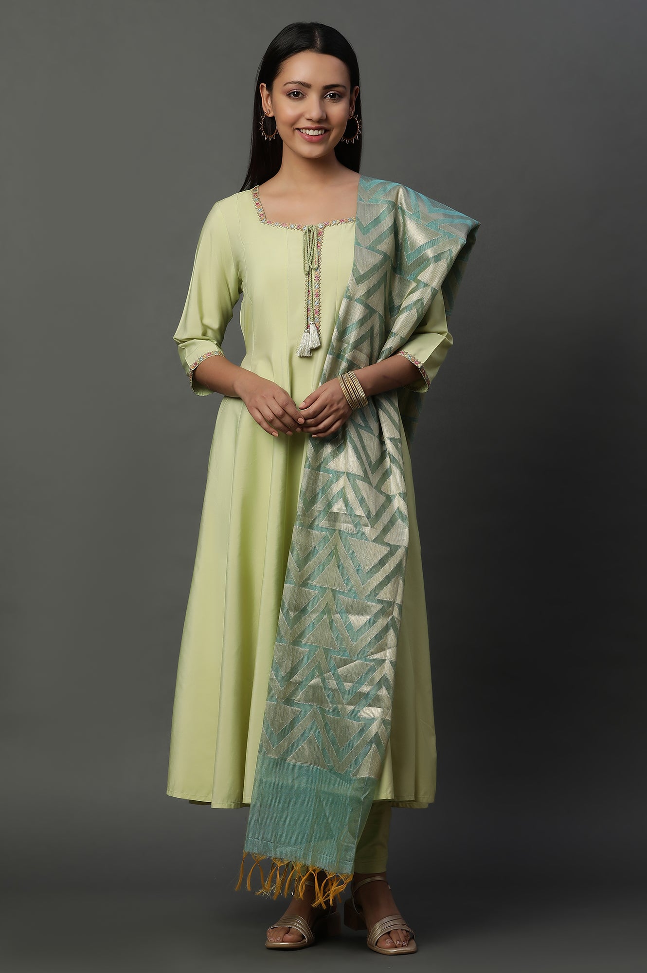 Green Flared Anarkali Kurta, Tights and Jacquard Dupatta