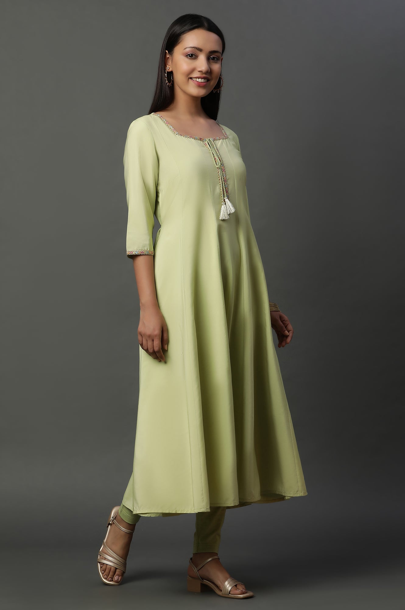 Green Flared Anarkali Kurta, Tights and Jacquard Dupatta