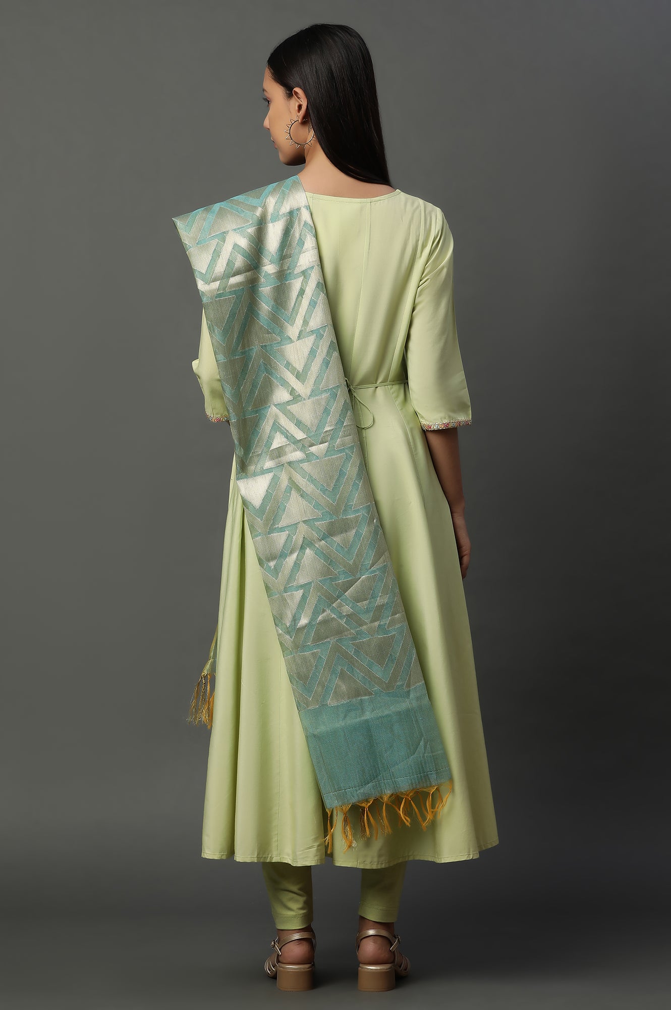 Green Flared Anarkali Kurta, Tights and Jacquard Dupatta