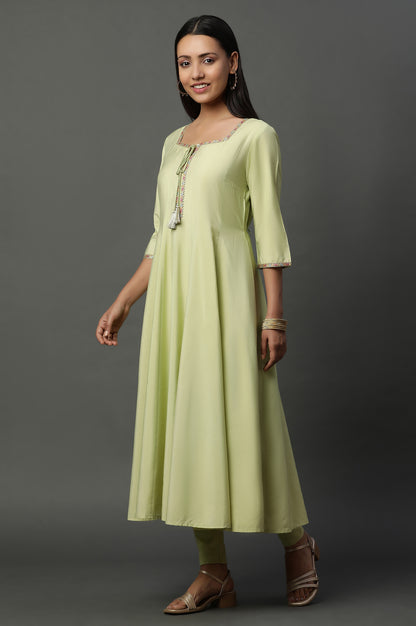 Green Flared Anarkali Kurta, Tights and Jacquard Dupatta