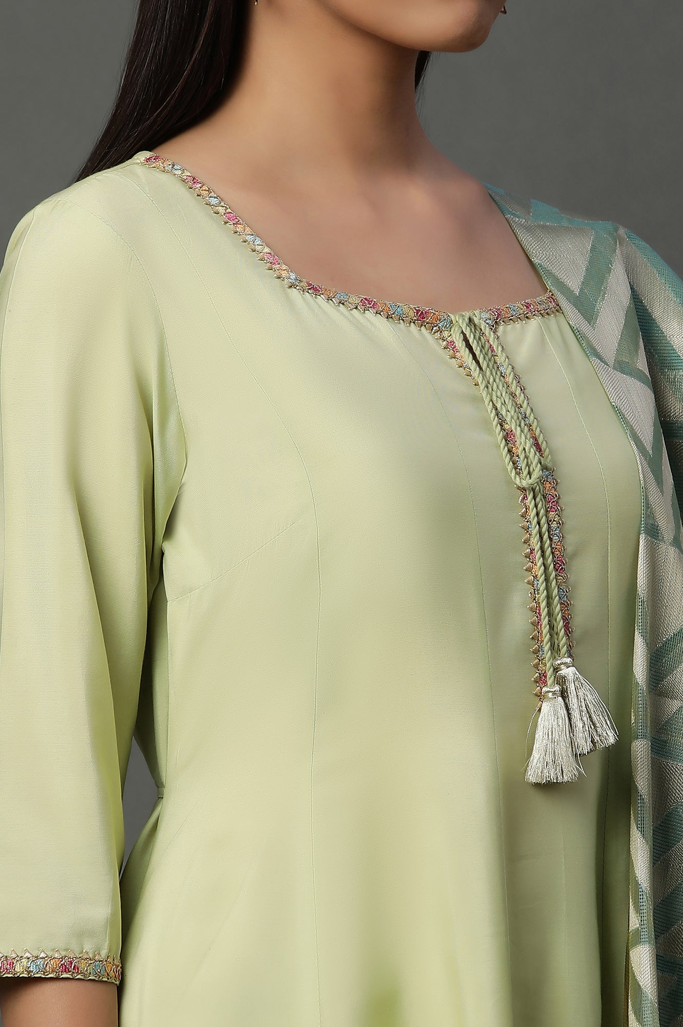 Green Flared Anarkali Kurta, Tights and Jacquard Dupatta