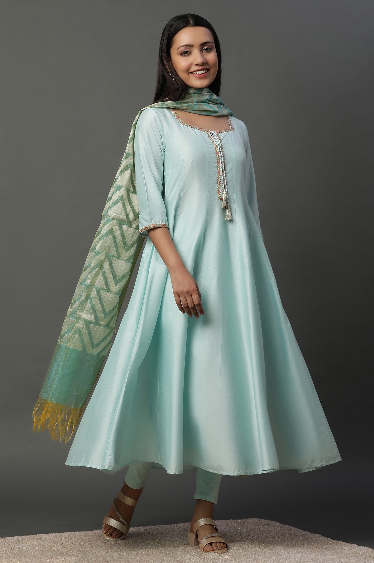 Blue Flared Anarkali Kurta, Tights and Jacquard Dupatta - S