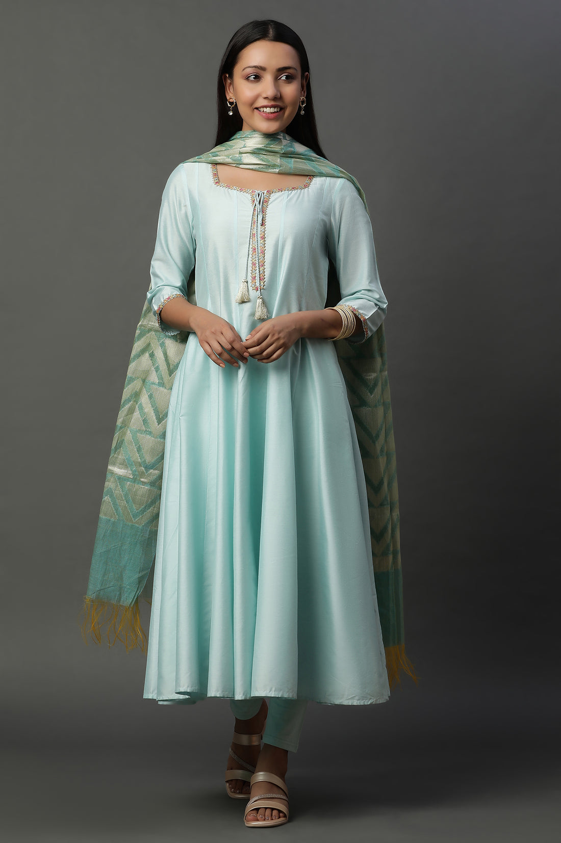Blue Flared Anarkali Kurta, Tights and Jacquard Dupatta