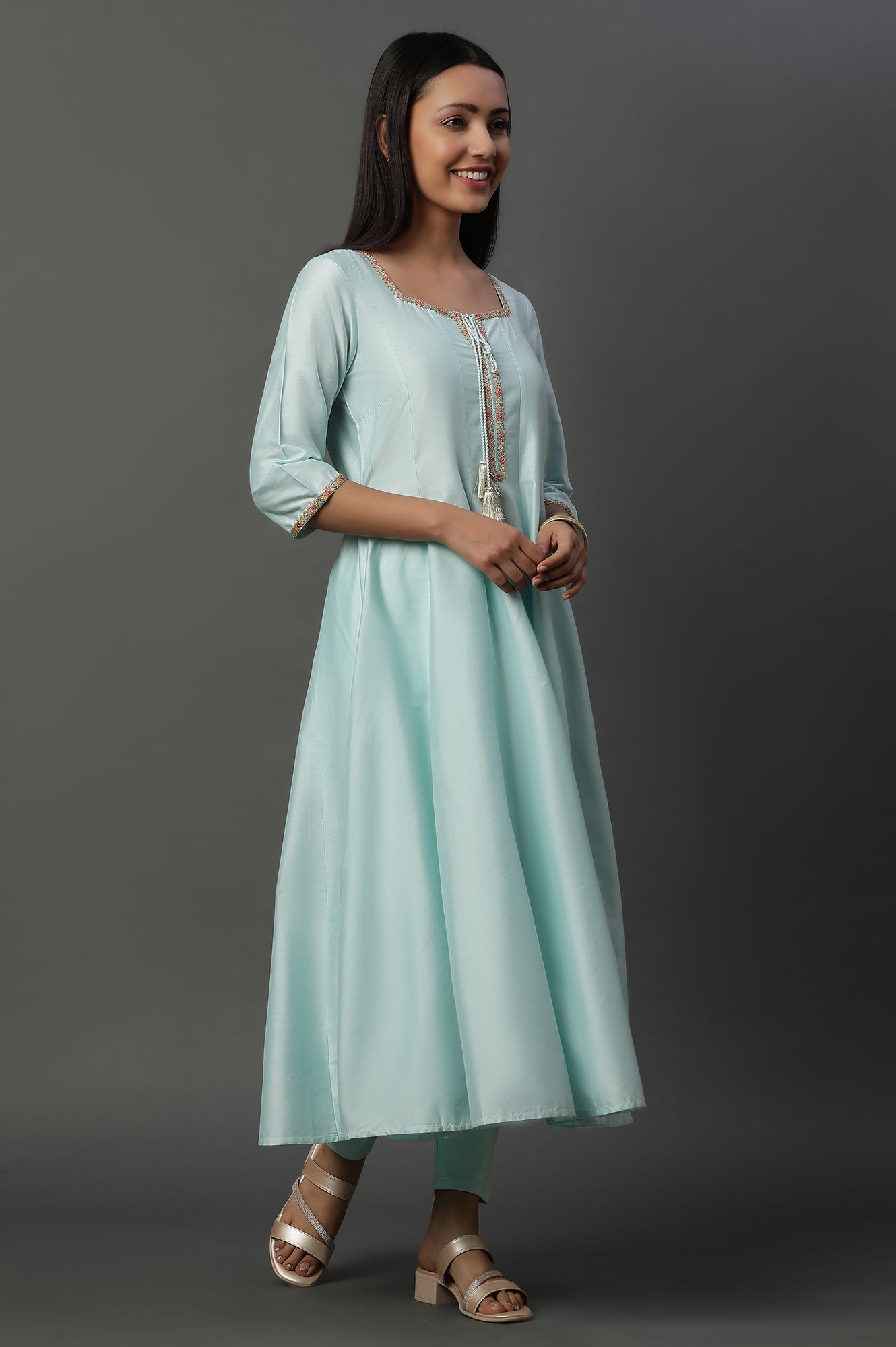 Blue Flared Anarkali Kurta, Tights and Jacquard Dupatta