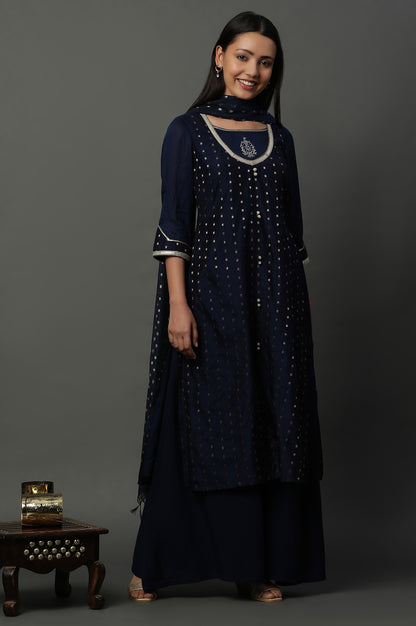 Blue A-line Jacquard Kurta, Palazzos and Dupatta Set