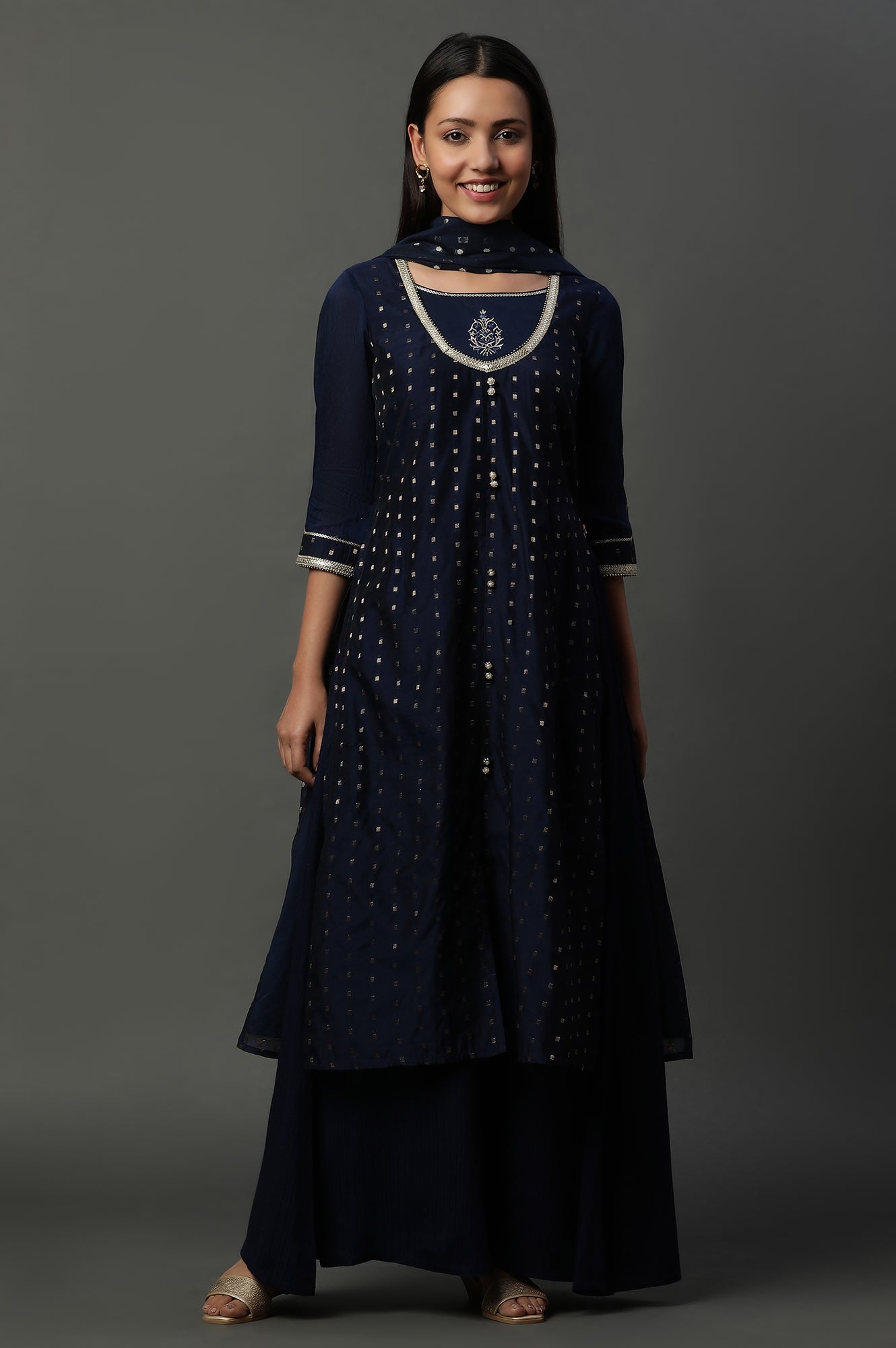 Blue A-line Jacquard Kurta, Palazzos and Dupatta Set