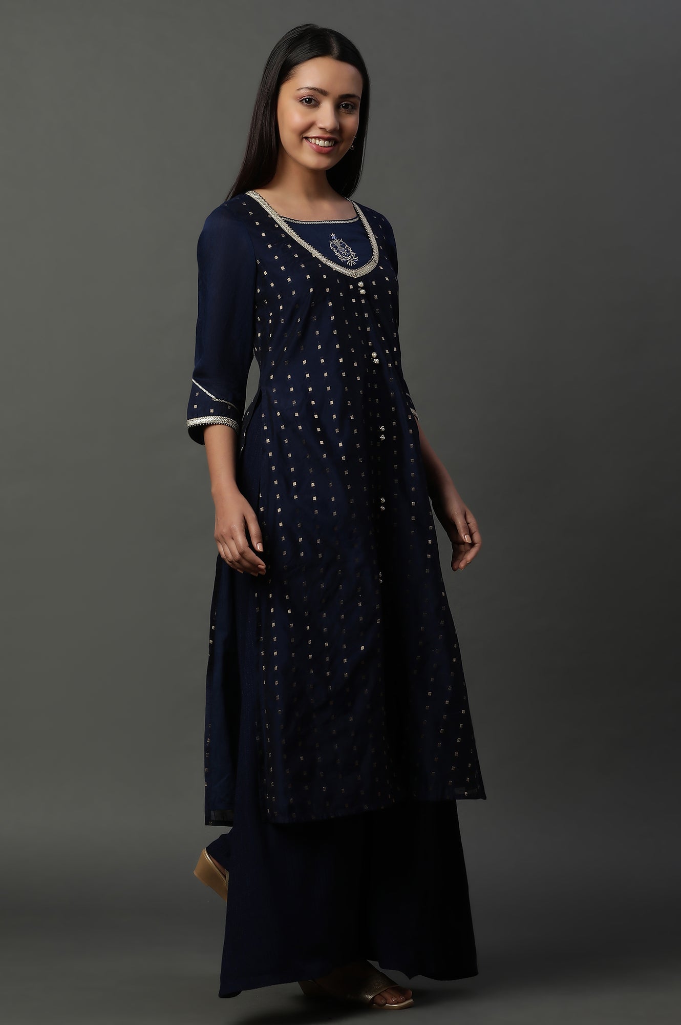 Blue A-line Jacquard Kurta, Palazzos and Dupatta Set