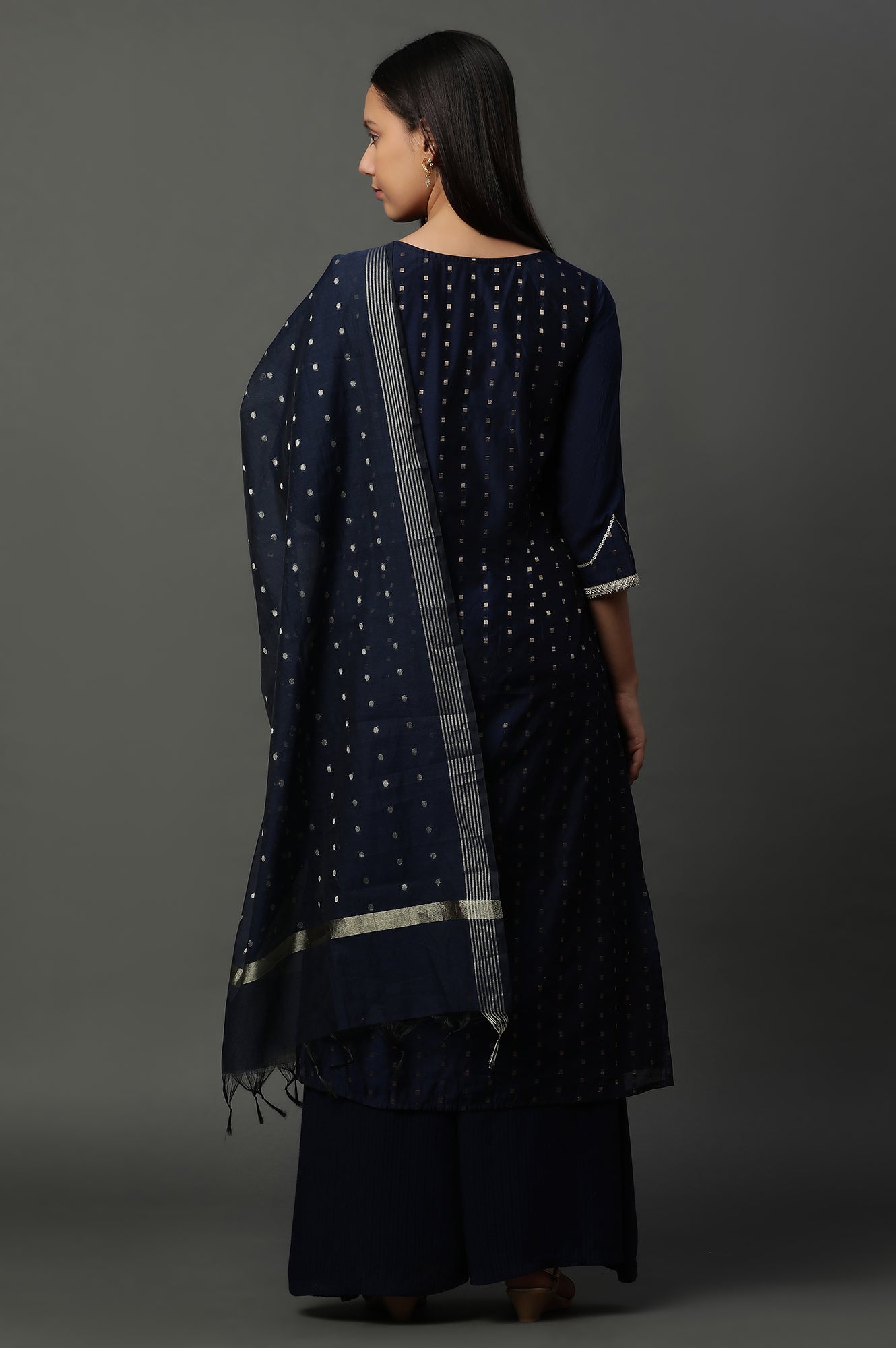 Blue A-line Jacquard Kurta, Palazzos and Dupatta Set