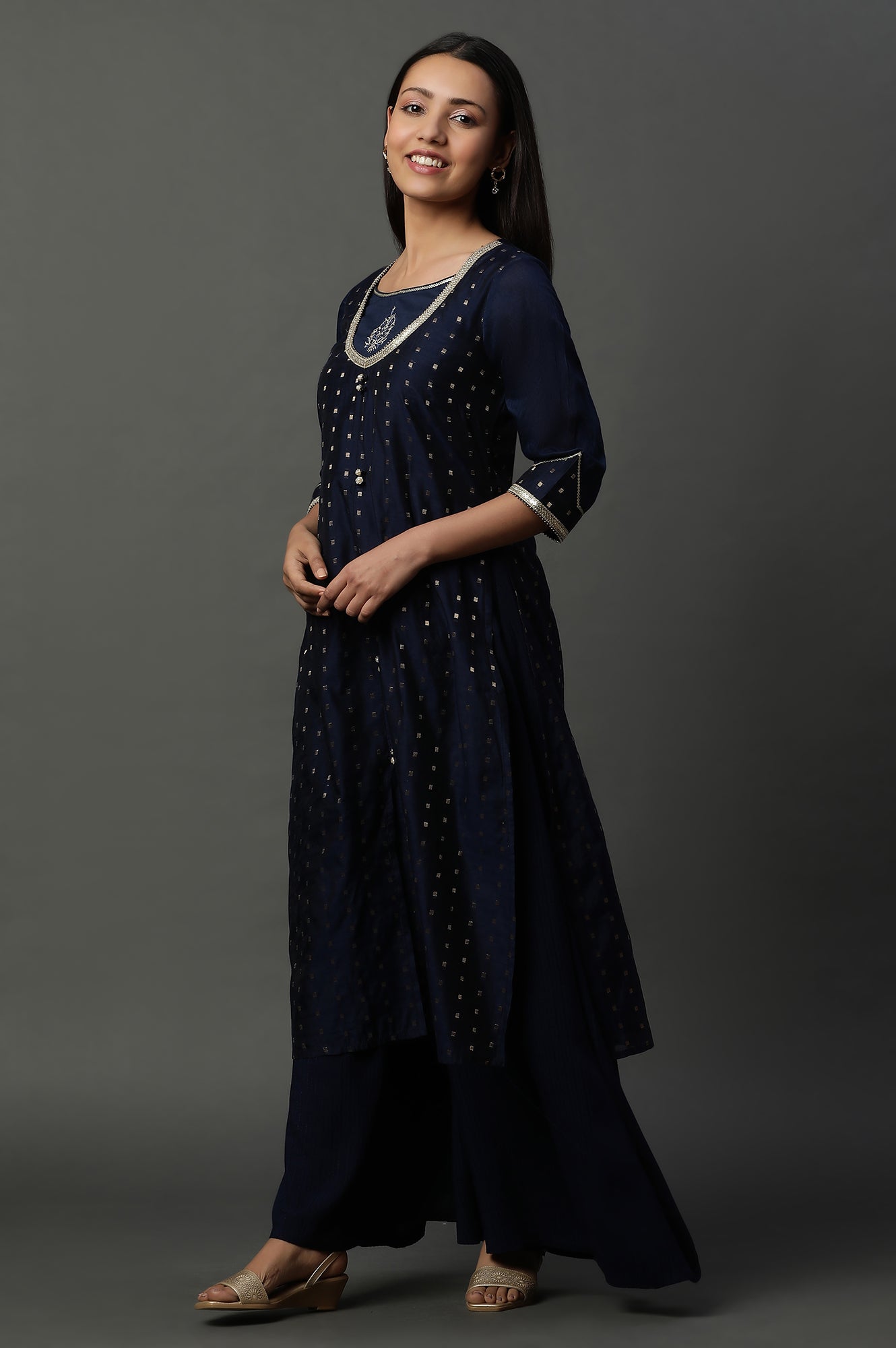 Blue A-line Jacquard Kurta, Palazzos and Dupatta Set