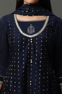 Blue A-line Jacquard Kurta, Palazzos and Dupatta Set