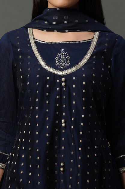 Blue A-line Jacquard Kurta, Palazzos and Dupatta Set