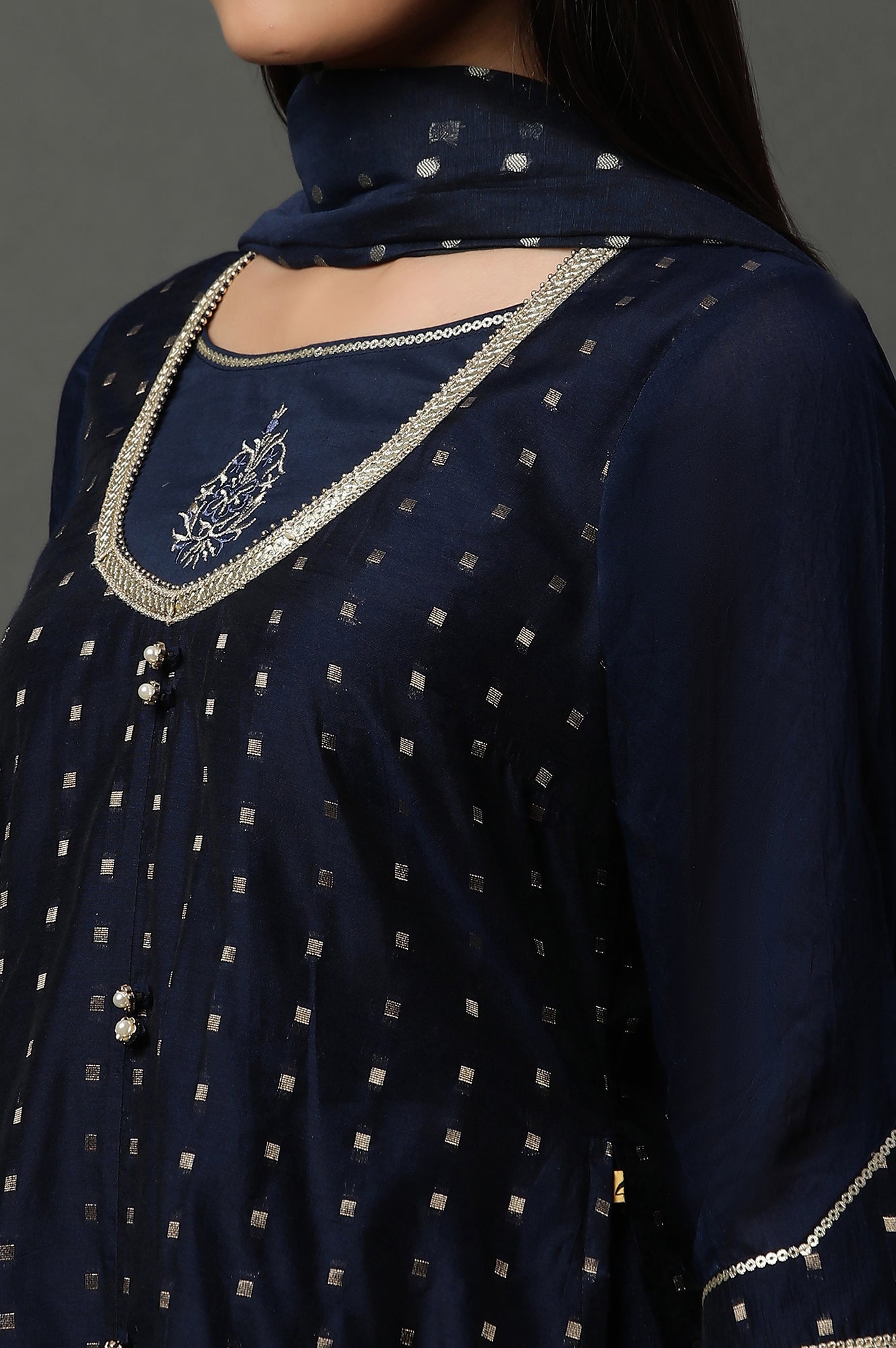 Blue A-line Jacquard Kurta, Palazzos and Dupatta Set