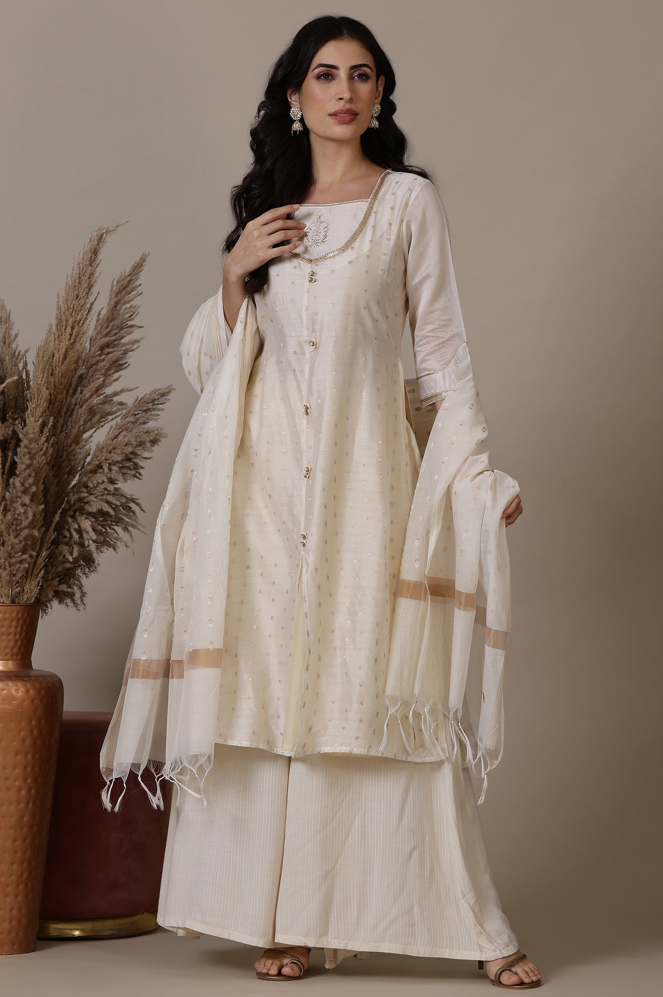 Beige A-line Jacquard Kurta, Palazzos and Dupatta Set