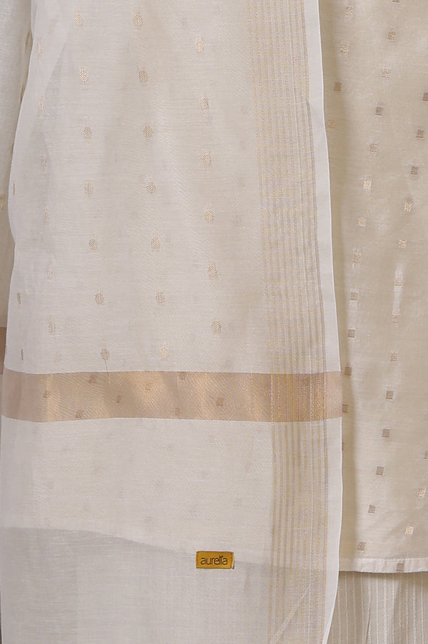 Beige A-line Jacquard Kurta, Palazzos and Dupatta Set