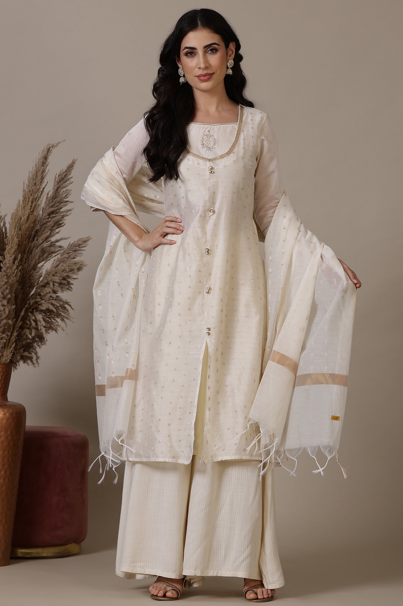 Beige A-line Jacquard Kurta, Palazzos and Dupatta Set